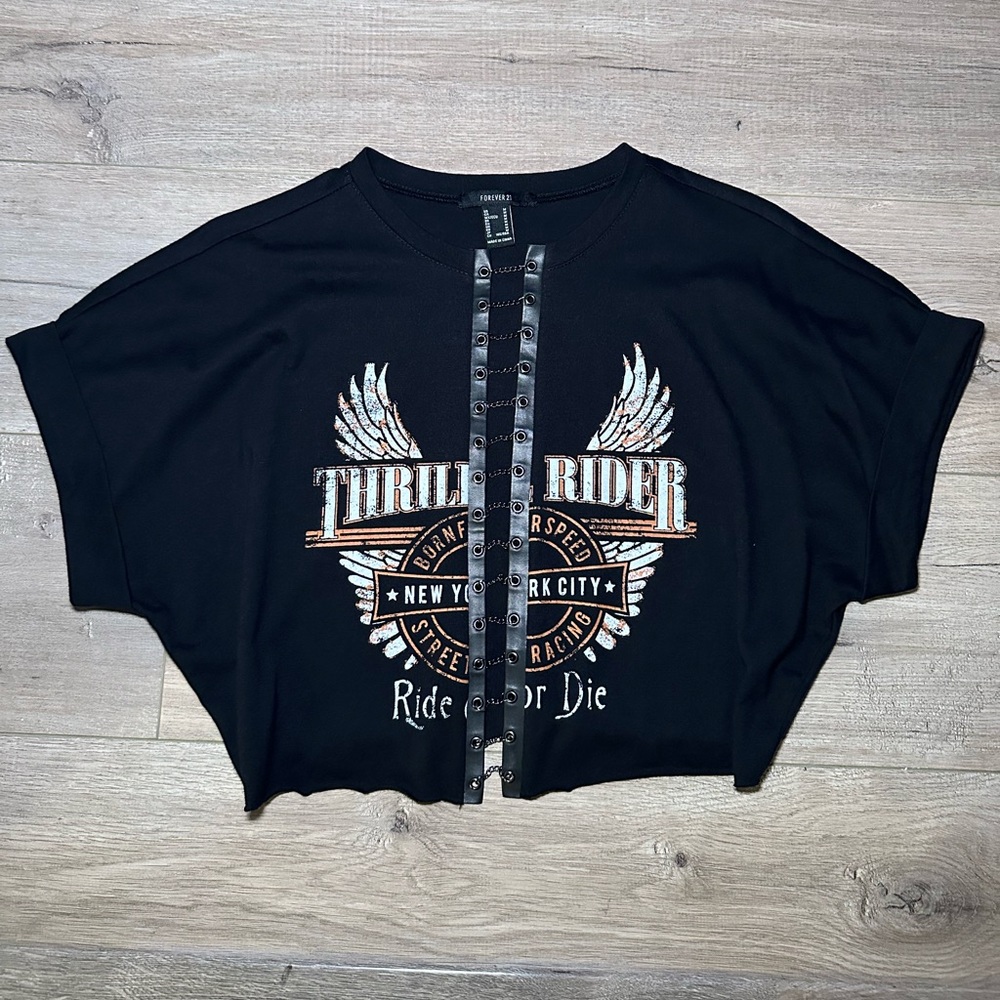 Motorcycle Thrill Rider Chain Detail Crop Distressed Top